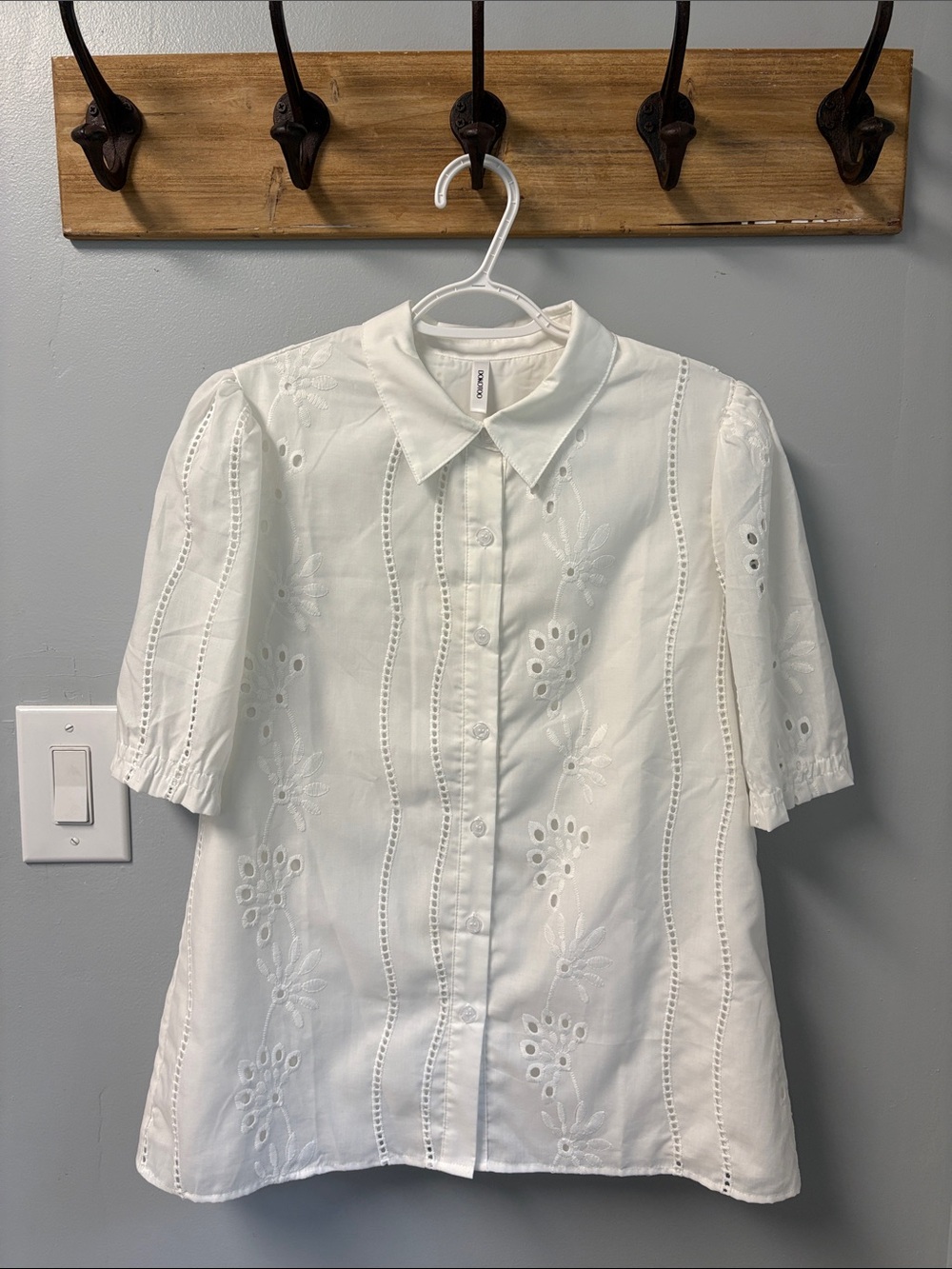 White Embroidered Eyelet Button-Down Blouse